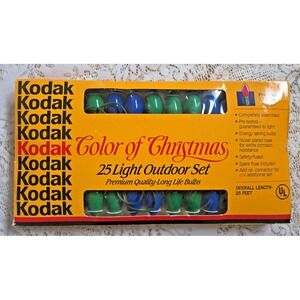 Kodak Color of Christmas 25 Light Outdoor Set C9 Blue & Green Bulbs Vintage 1991